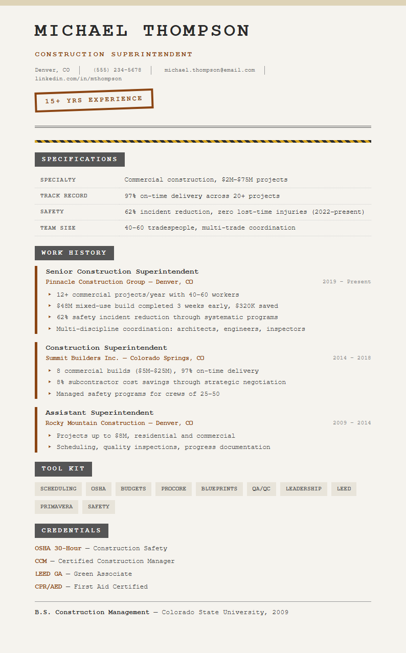 Industrial raw construction superintendent resume